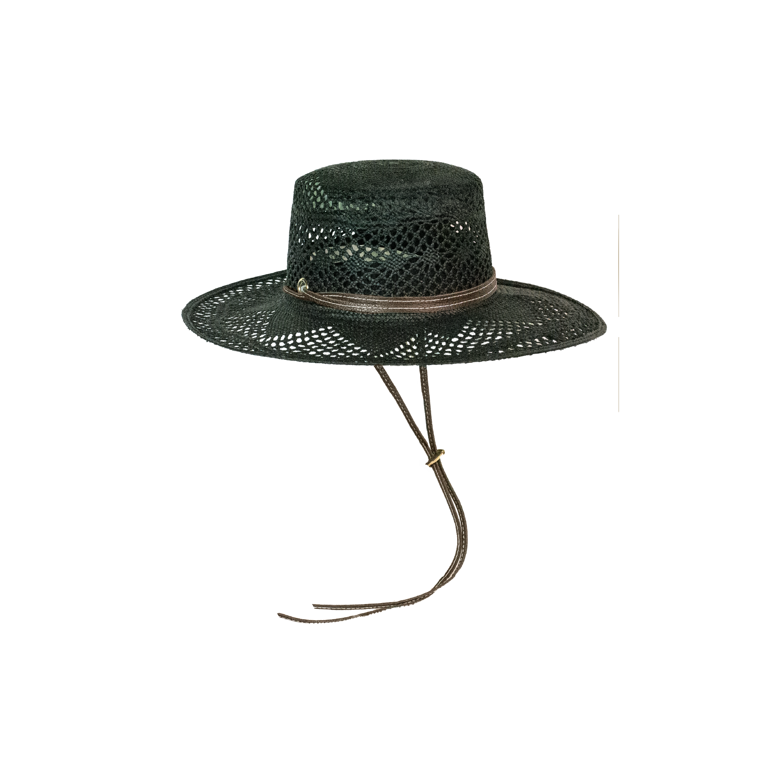 Chapeau en cuir Cordovan à tissage ouvert et à long bord