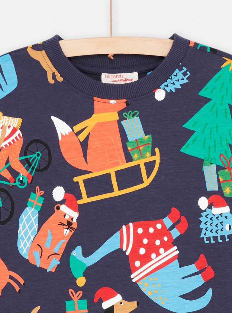 T-shirt bleu nuit imprimé noël pour garçon