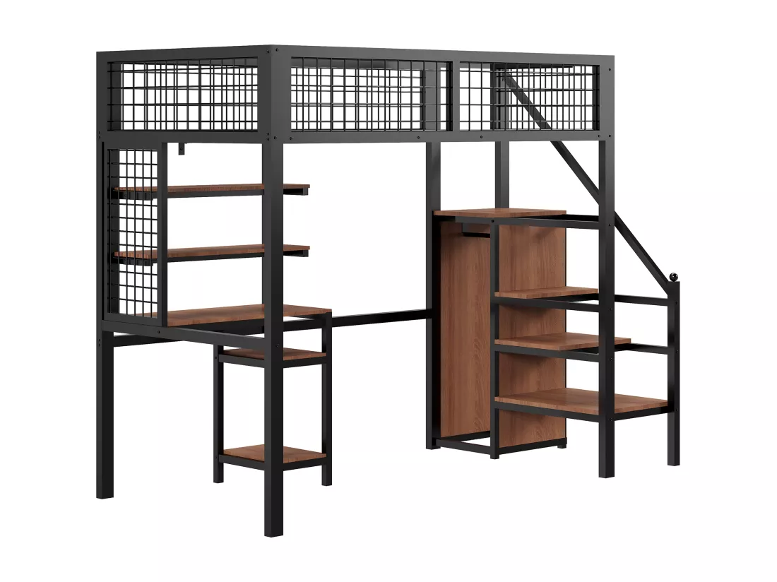 Lit mezzanine 90 x 200 cm en métal avec armoire, éscalier, bureau, étagères de rangement, tout-en-un, noir