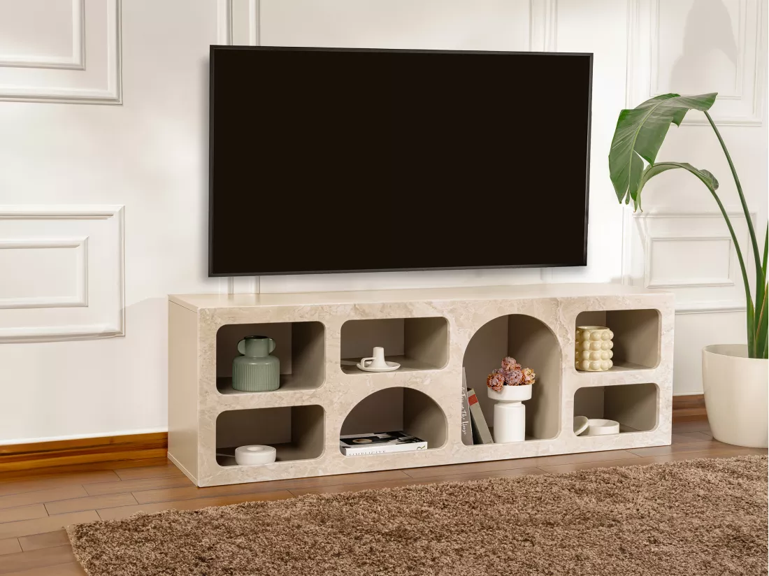 Meuble TV avec 7 niches - Effet marbre beige - LUELA