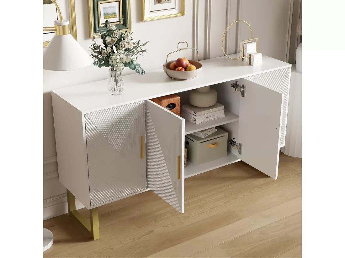Buffet avec 4 portes - 150 x 40 x 82 cm - MDF, panneaux de particules et métal - Blanc et or