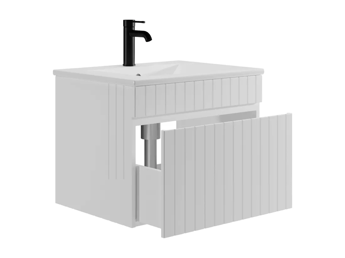 Meuble de salle de bain suspendu strié blanc avec vasque à encastrer - 60 cm - SATARA