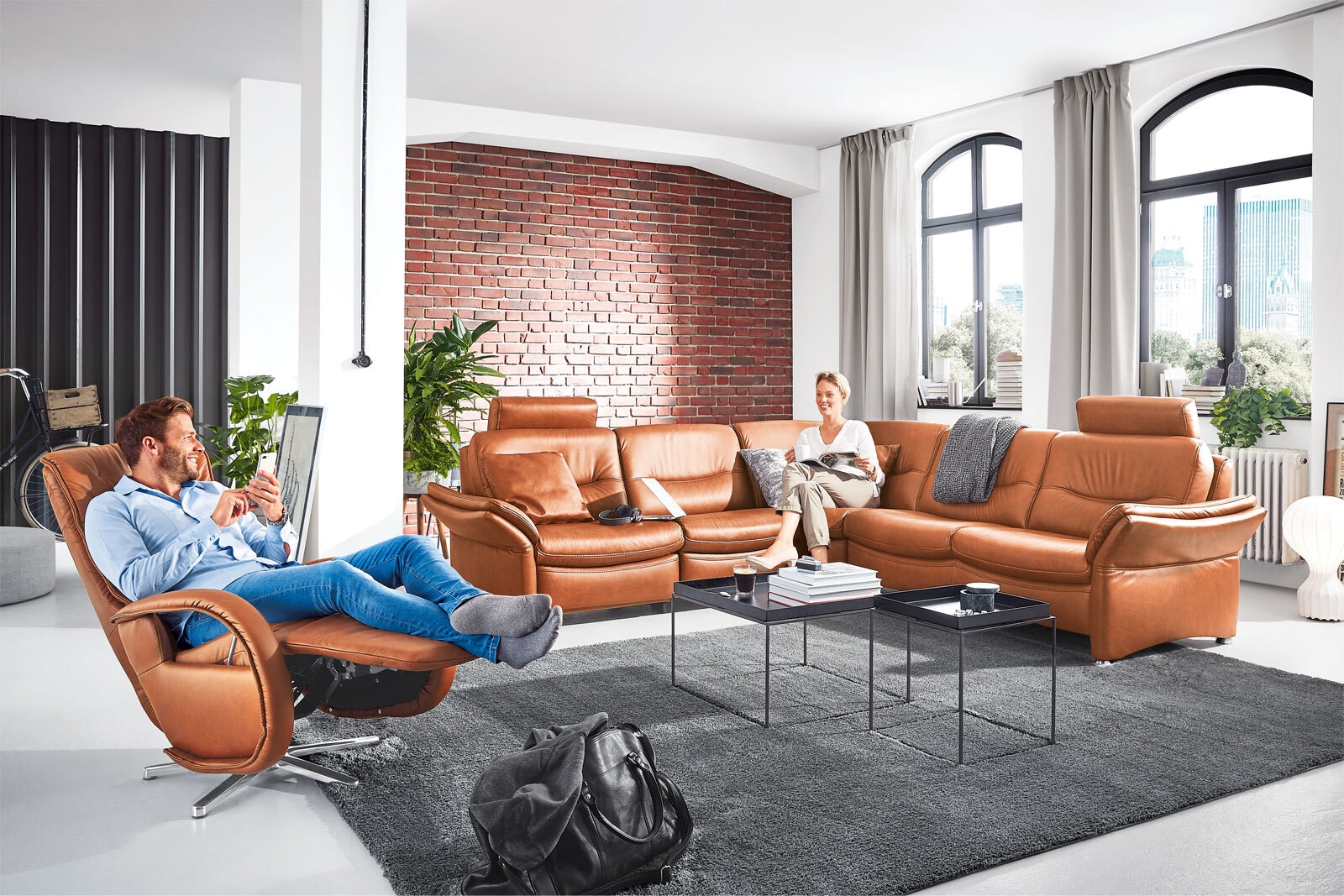 com4lux Ecksofa BRESCIA Leder Cloudy cognacbraun