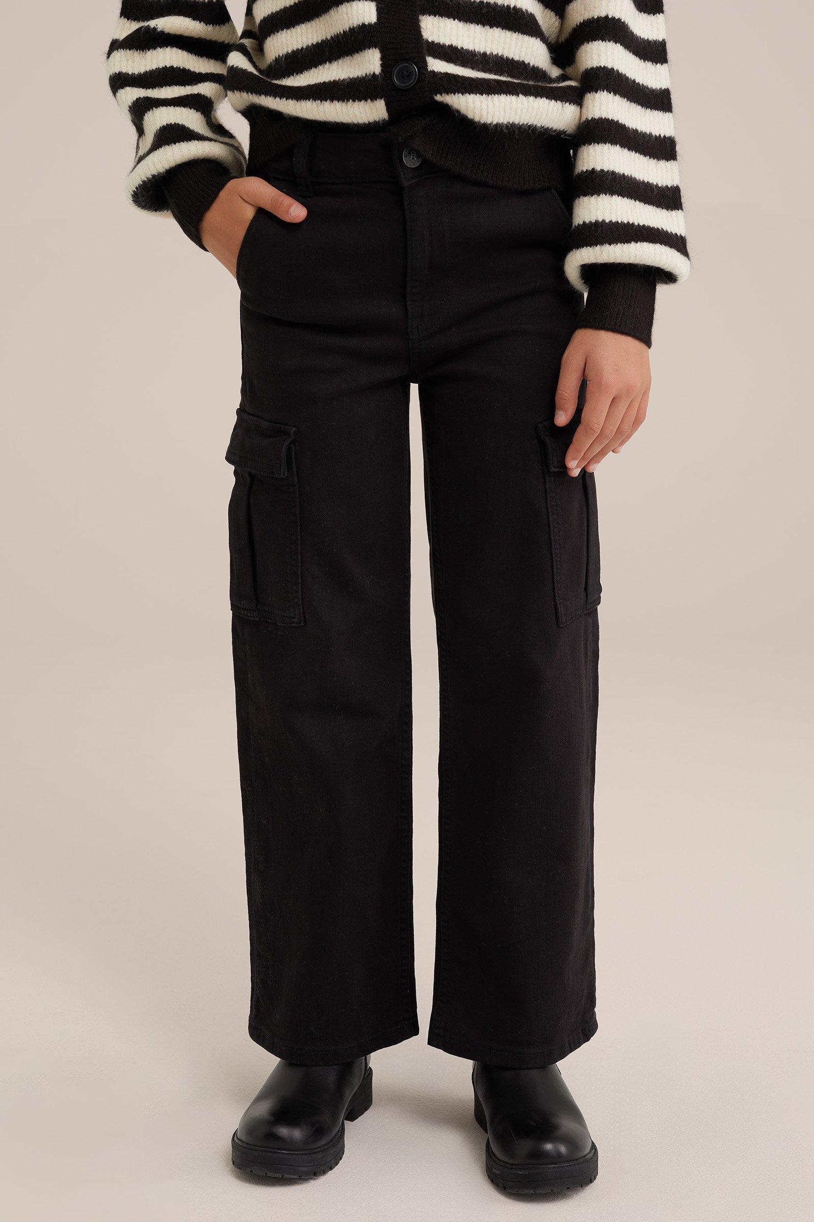 Meisjes wide leg cargobroek met stretch Blue Ridge Zwart