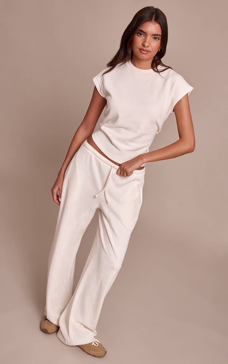 Crème Pantalon Droit En Maille Côtelée