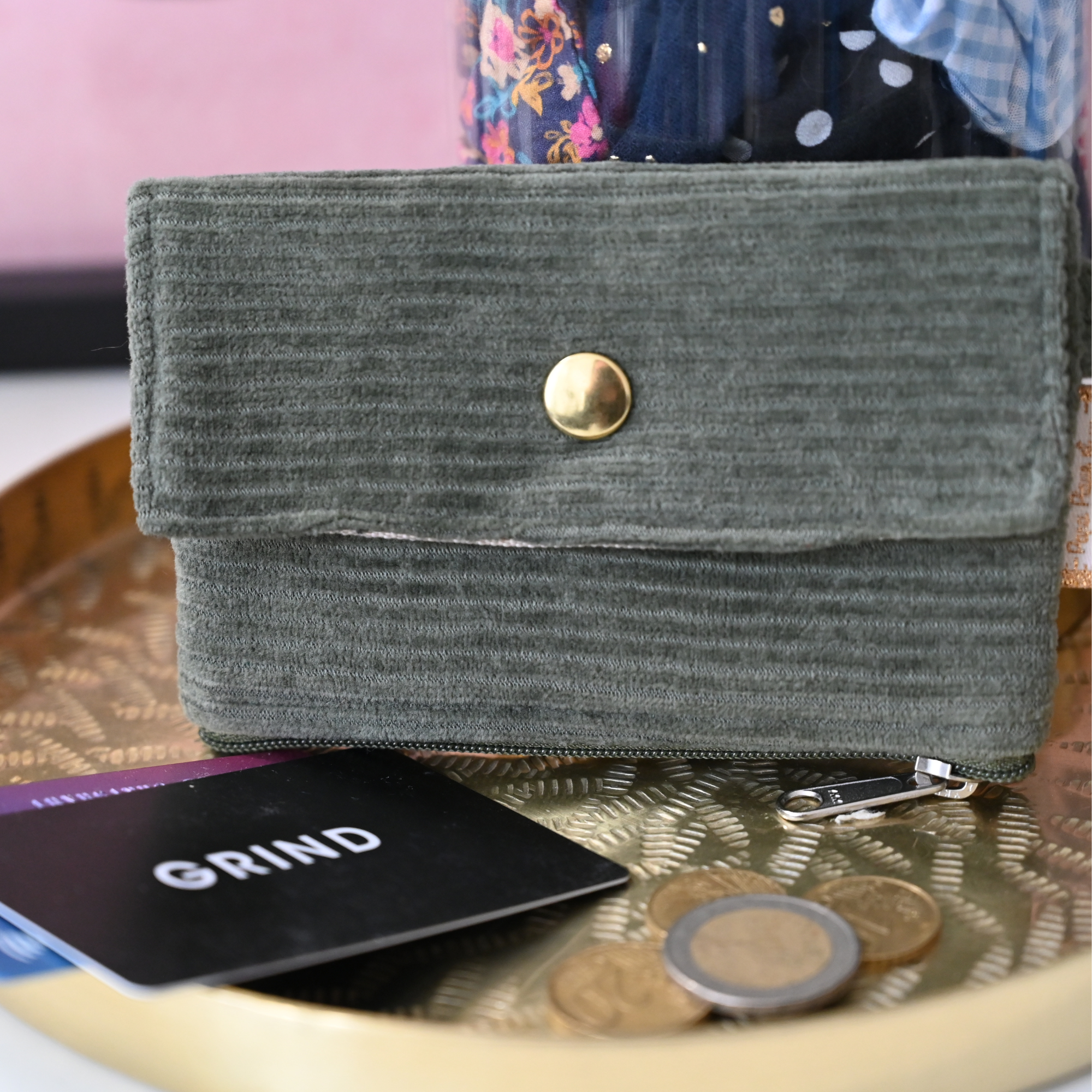 Mini Pochette Porte-Monnaie Velours Côtelé Kaki