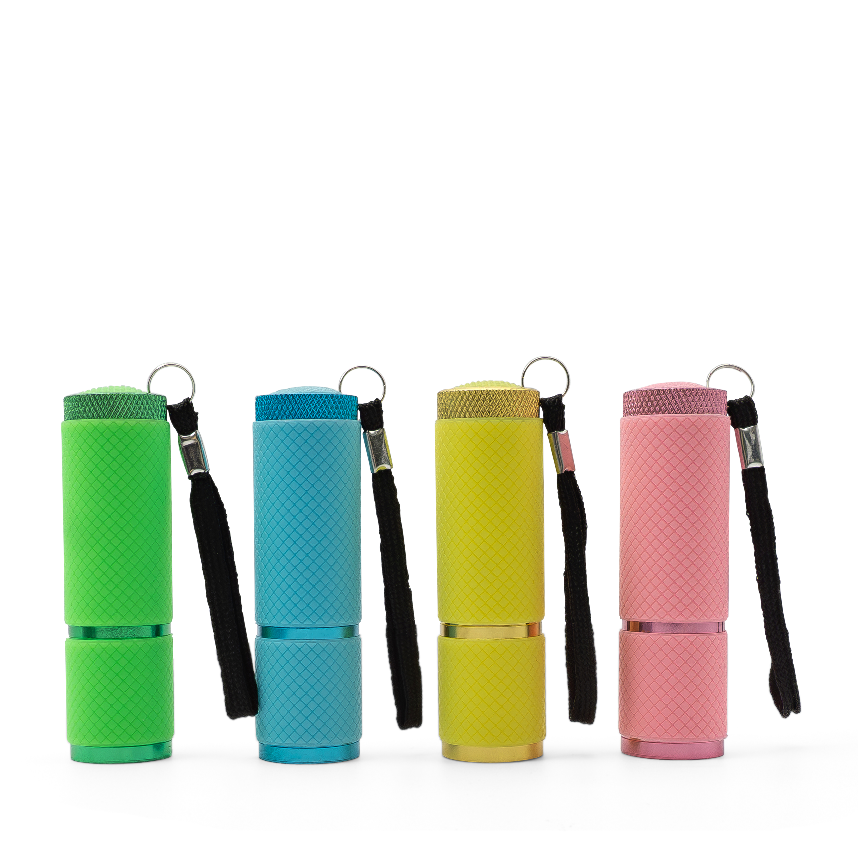 (4er Set) Mini Aluminium LED Taschenlampe mit Fluoreszierendem Silikon Bezug und Handschlaufe (Batteriebetrieben) - Assortiert