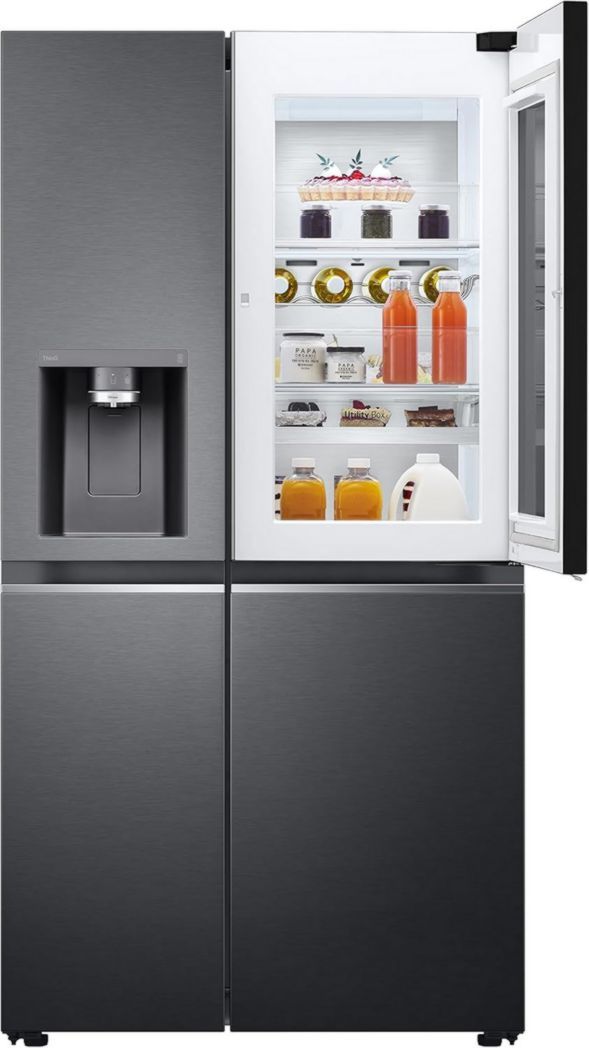 Réfrigérateur combiné LG GSXV91MCAF - Côte à côte, 635 L, InstaView, Total No-Frost, compartiment congélateur, distributeur d'eau et de glaçons UVnano, compresseur à onduleur linéaire, Wi-Fi, noir, classe F
