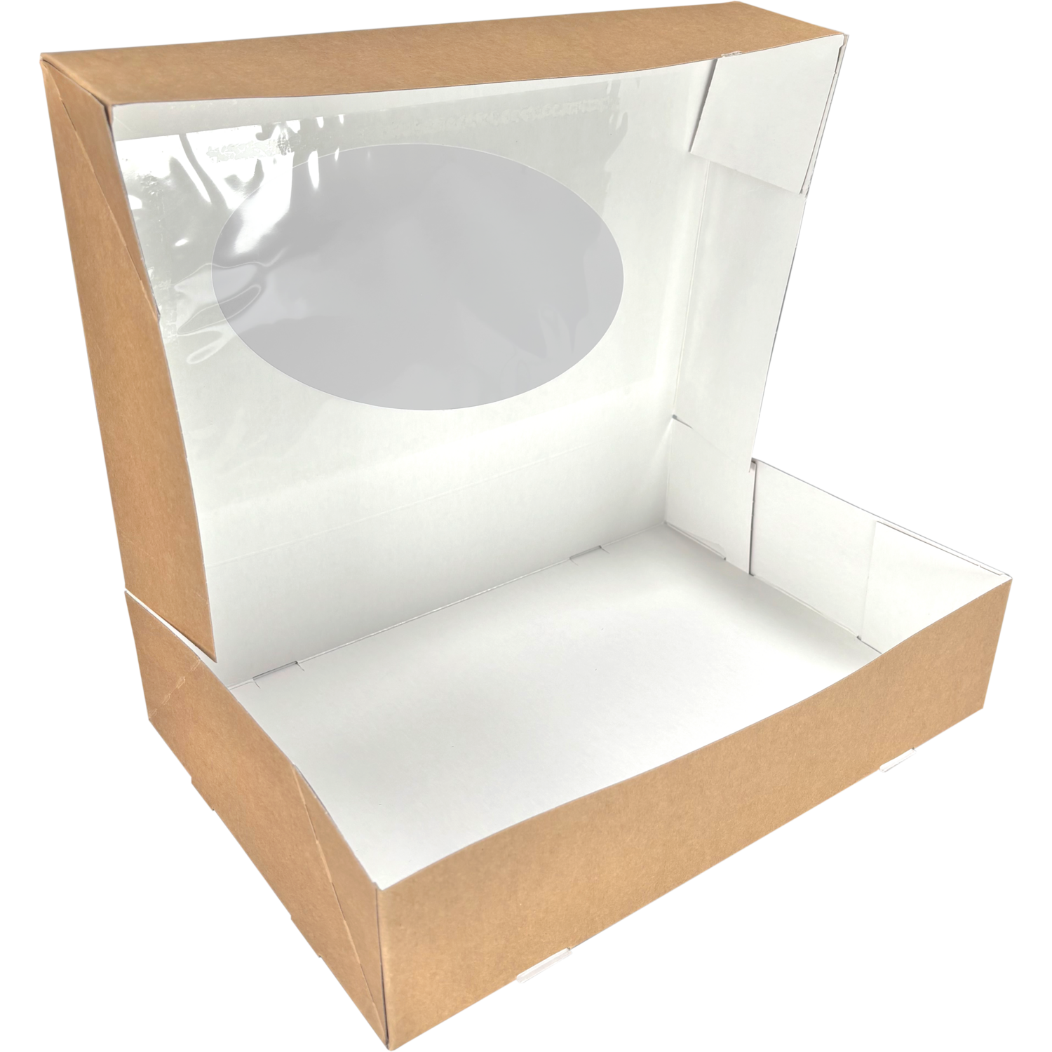 Cateringdoos, karton + PET, 360x250x80mm, met venster, bruin/wit