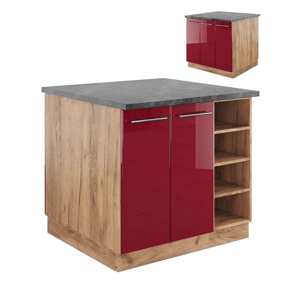 Vicco Kücheninsel Küchenblock Einbauküche Fame-Line Eiche Bordeaux Rot 90 cm modern Hochglanz Küchen Schränke Regalunterschrank Küchenunterschrank Regalinselunterschrank Softclose-Scharnier Küchenmöbel