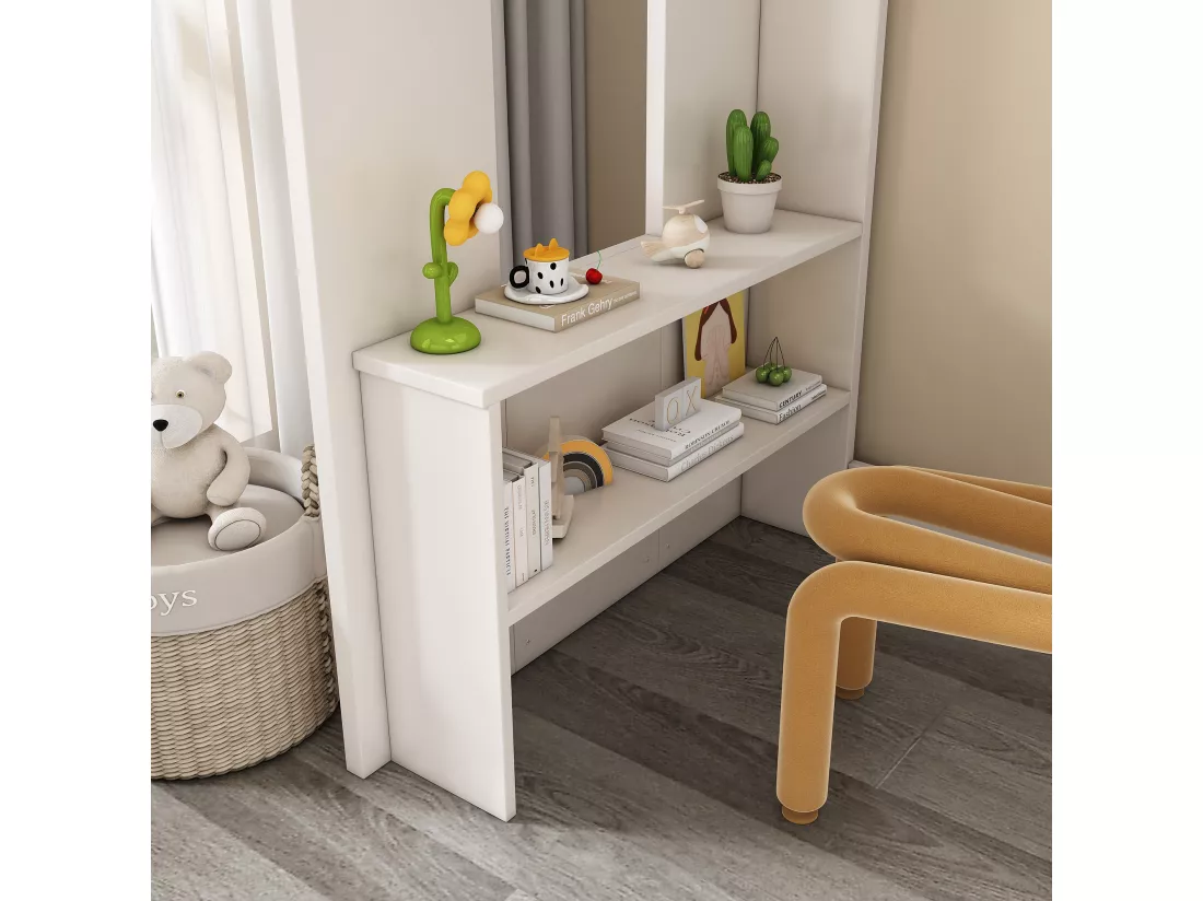 Lit superposé 90 x 200 cm - avec penderie + bureau - étagères ouvertes - avec escalier - blanc (matelas non inclus)