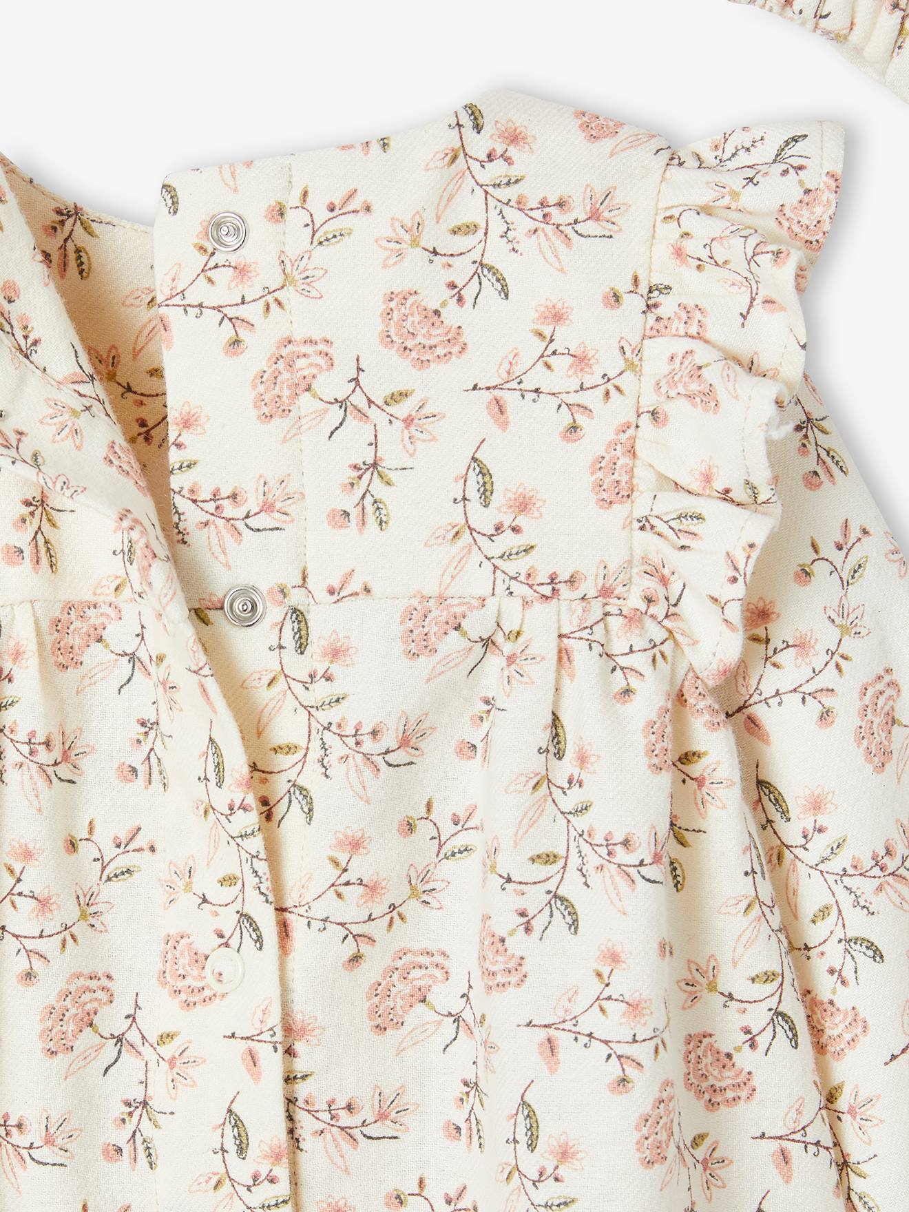 Conjunto de roupa de bebê de 3 peças: vestido, meia-calça e faixa de cabelo bege combinando