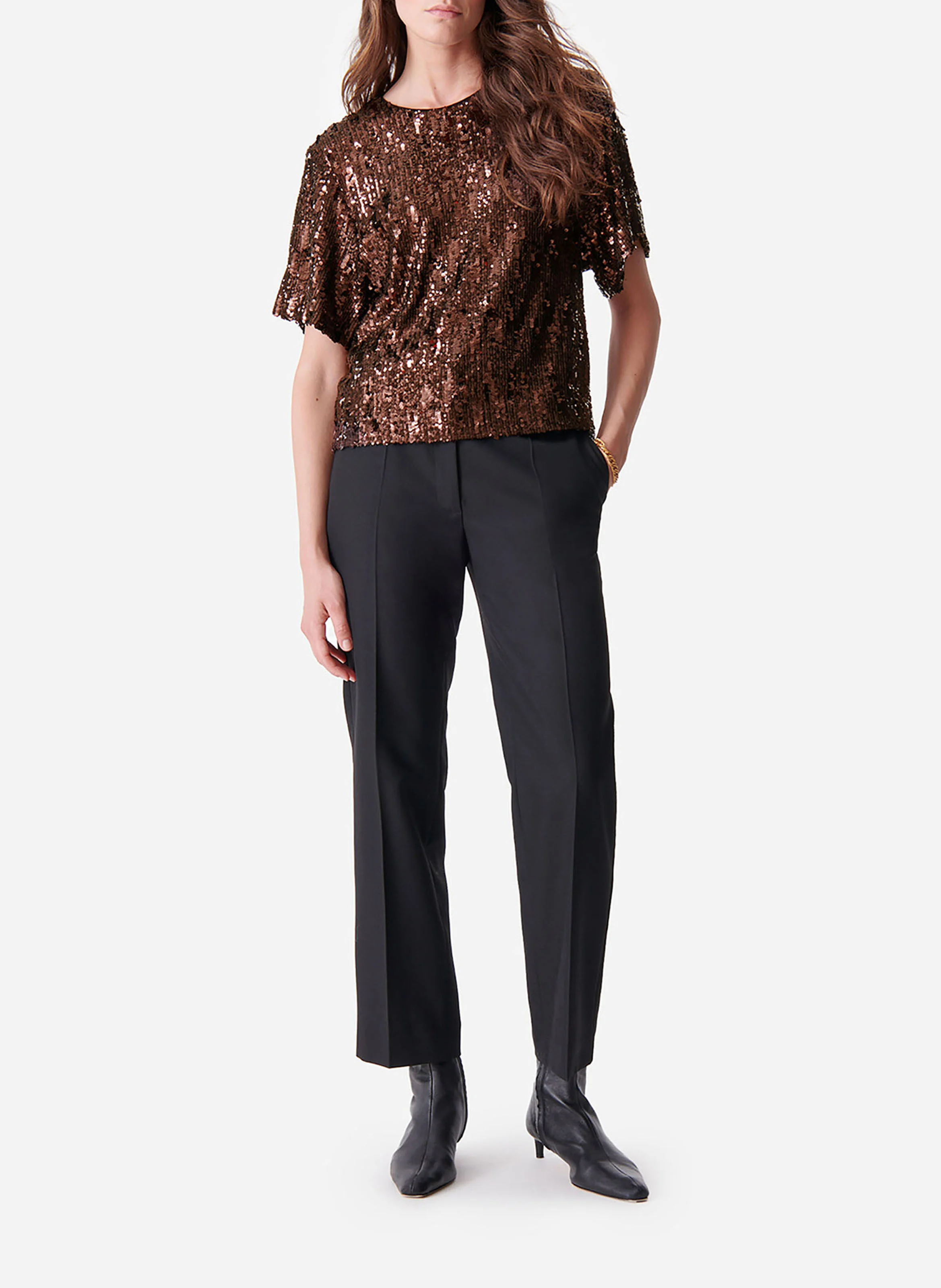 Tee-shirt col rond à sequins | Marron