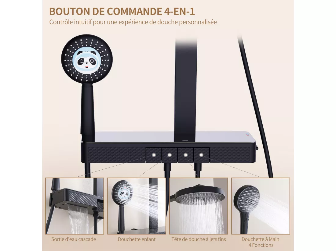 Colonne de Douche Thermostatique 40℃ avec Plateau de Rangement Ensemble de douche 4 fonctions avec douchette pour enfants