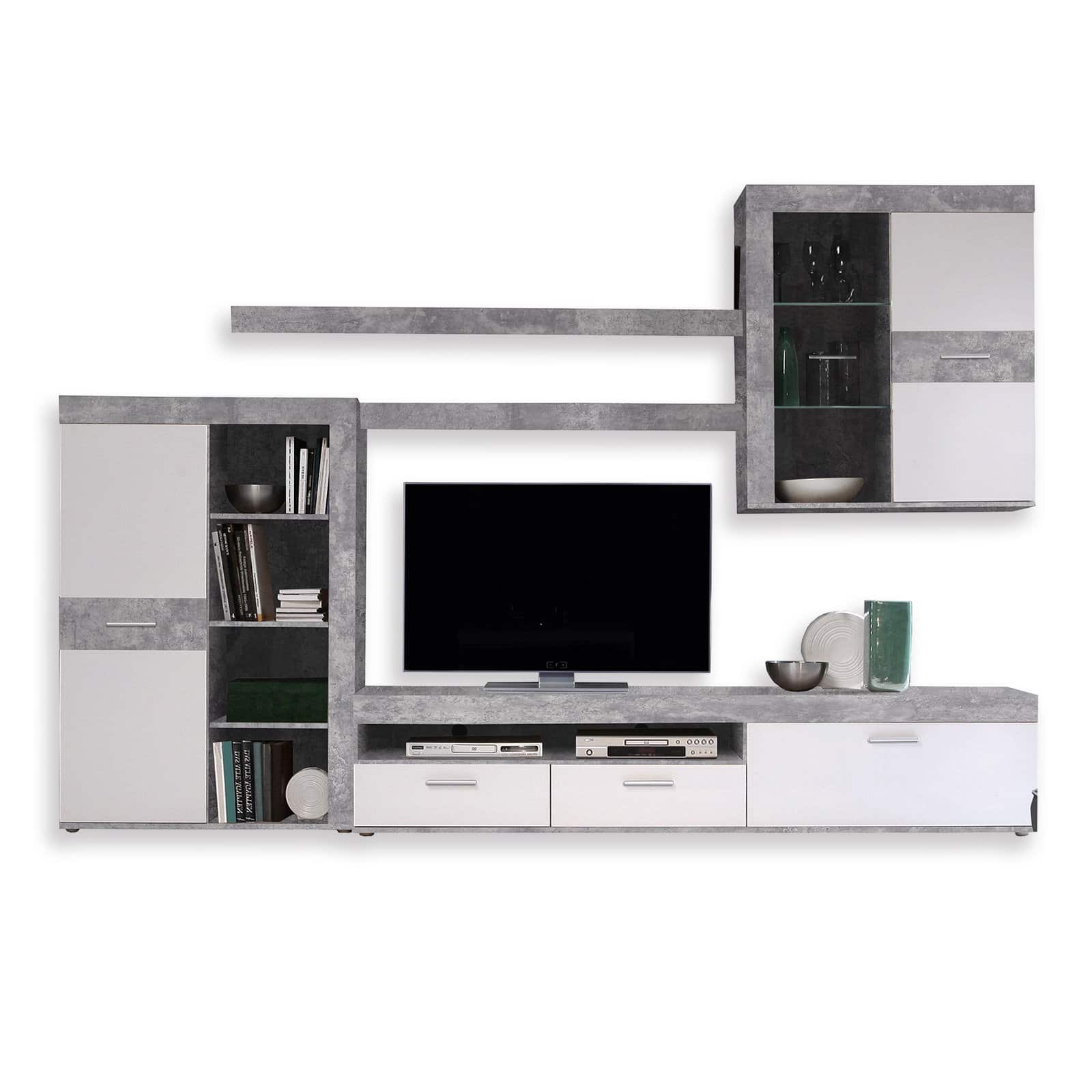 Wohnwand - Betonoptik-weiß - 300 cm - Vitrine