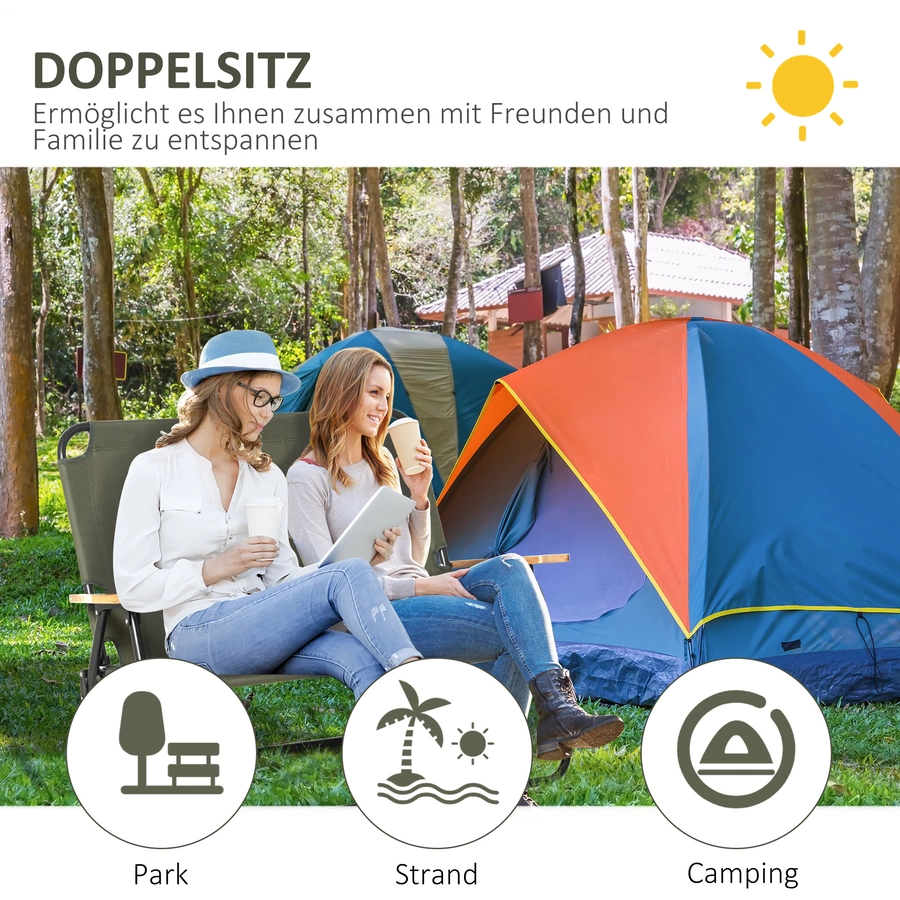 Outsunny Campingstuhl für zwei Personen und mit Becherhalter grün