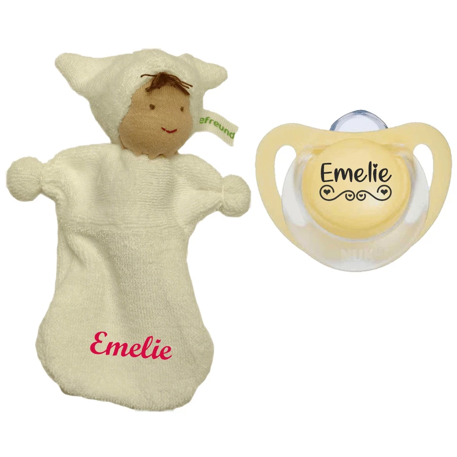 Schnullireich Geschenkset Schmusepuppe mit Namen + NUK Schnuller (0-6 Mon) Weiß