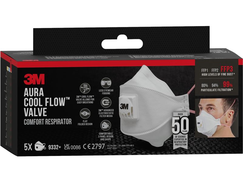 3M Atemschutzmaske Aura 9332  FFP3, 5 Stück Feinstaubmaske für Dämmstoffe und Hartholz, FFP3 - Faltmaske mit Ventil