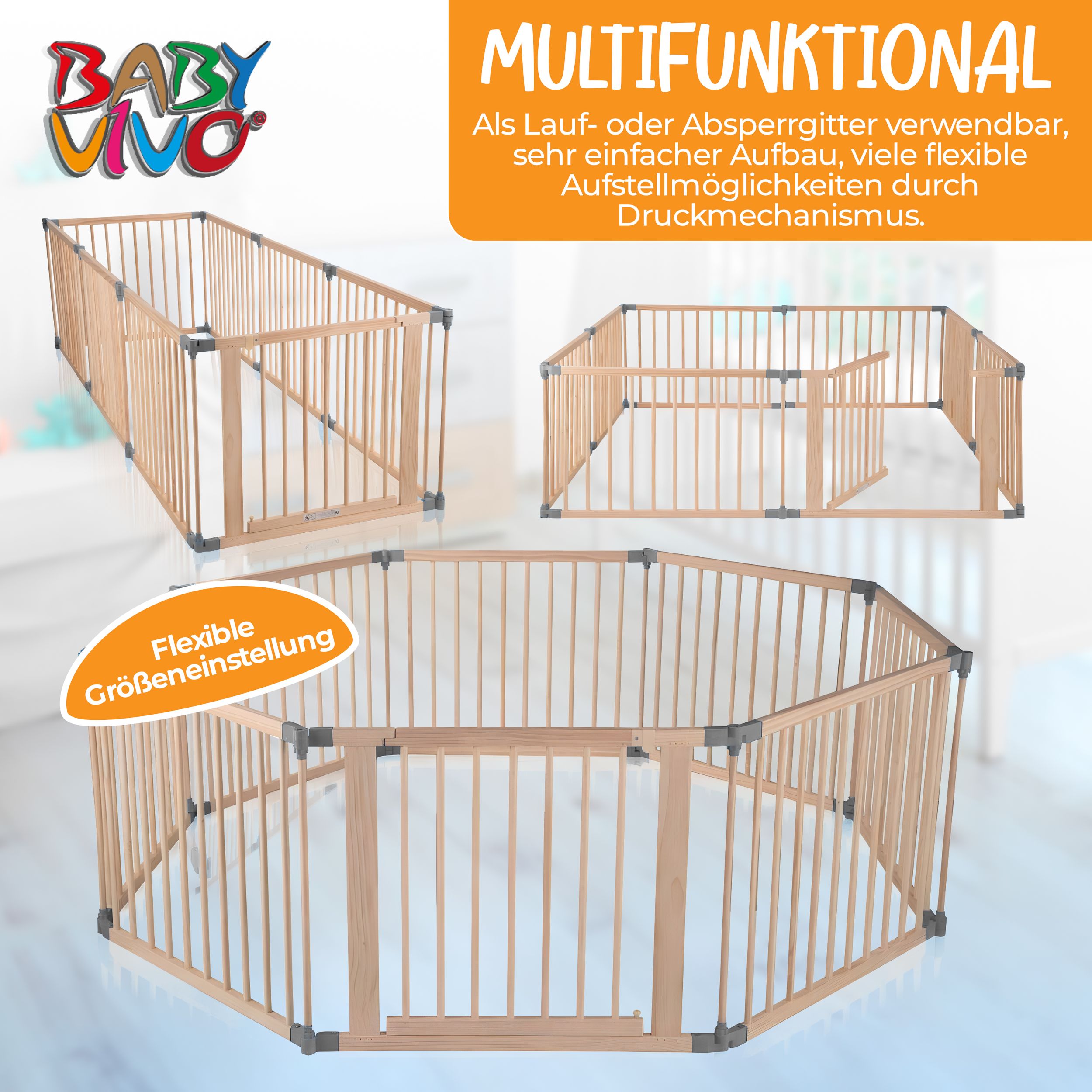 Baby Vivo Laufgitter aus Holz 8 Elemente - individuell verstellbar - PREMIUM in Grau