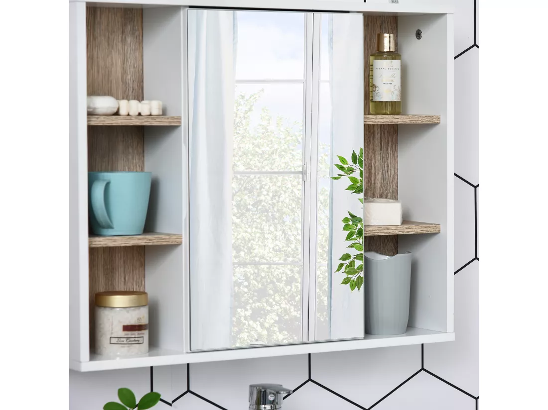 Miroir de salle de bain avec placard et étagères - 4 étagères latérales + 2 étagères intérieures - MDF panneaux particules blanc chêne clair