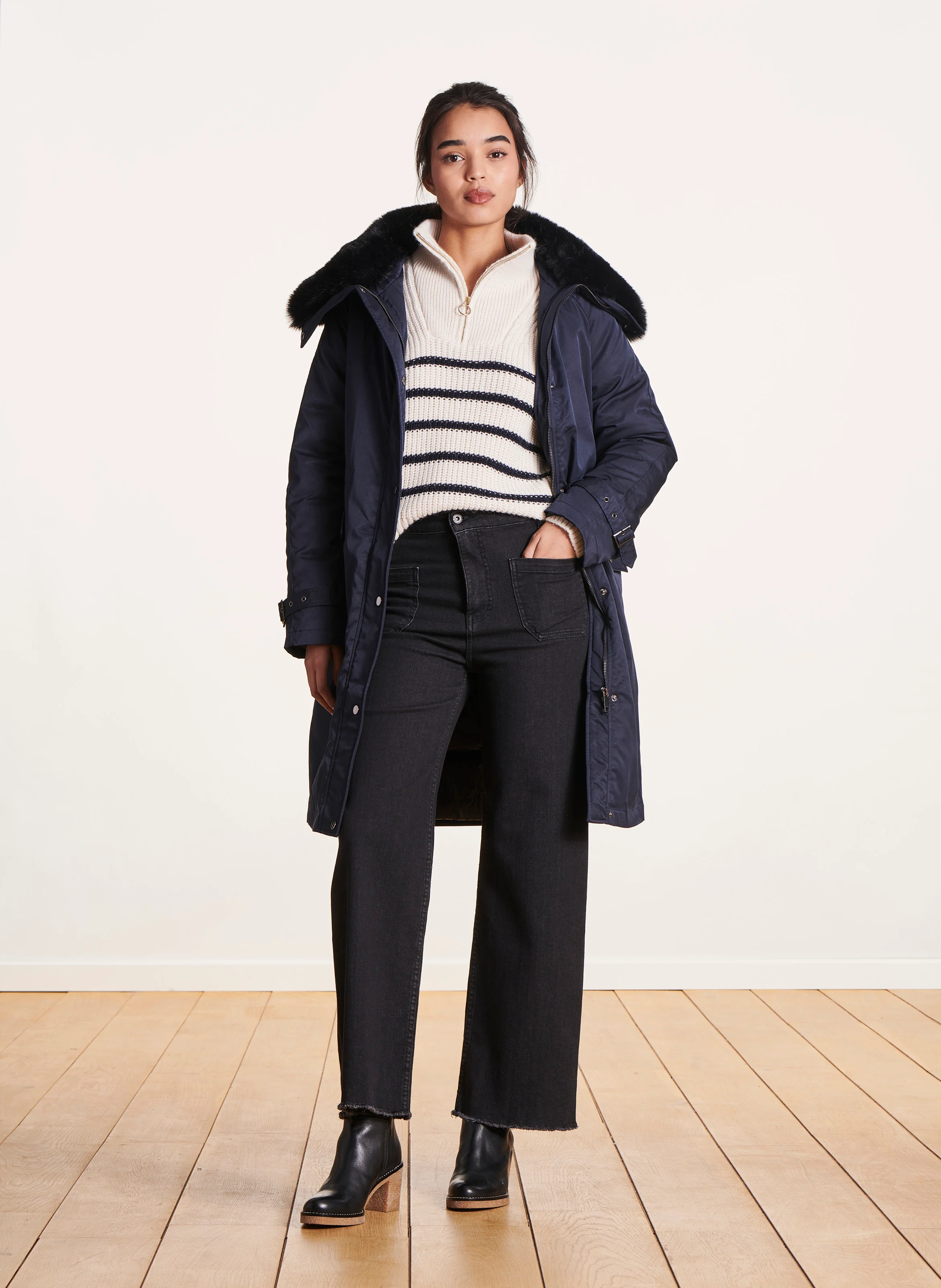 Parka mi-longue droite effet fourrure | Bleu