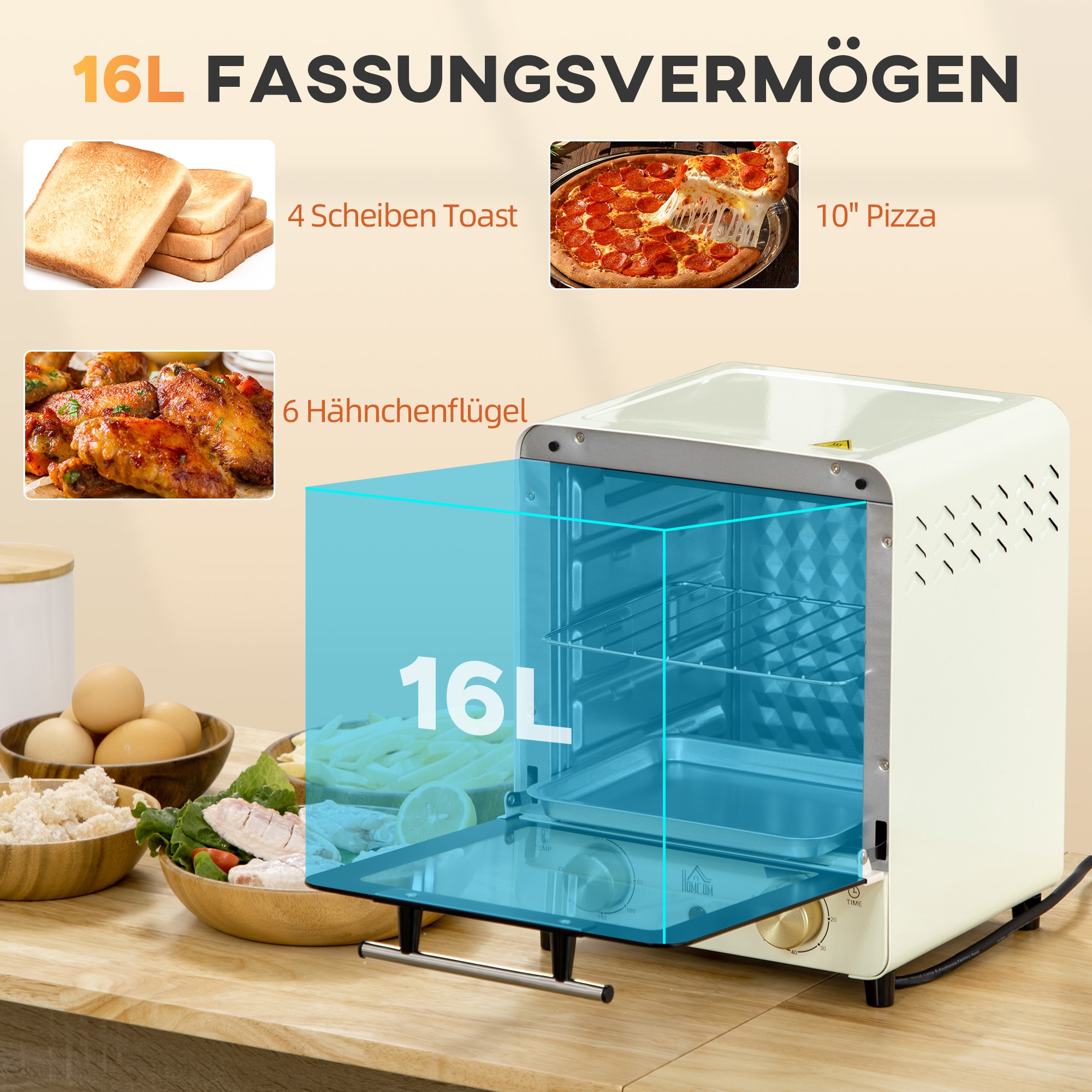 HOMCOM Minibackofen mit Auffangfach weiß 25,5L x 27,5B x 32H cm