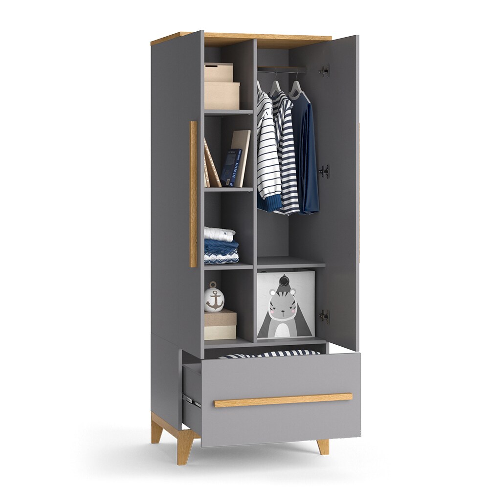 VitaliSpa Kleiderschrank Kinderzimmerschrank Aufbewahrungsschrank Malia Grau Eiche modern 70x187 cm Kinderzimmer Möbel Babymöbel Schublade Tür Fach Kleiderstange Ablage Babyzimmerschrank