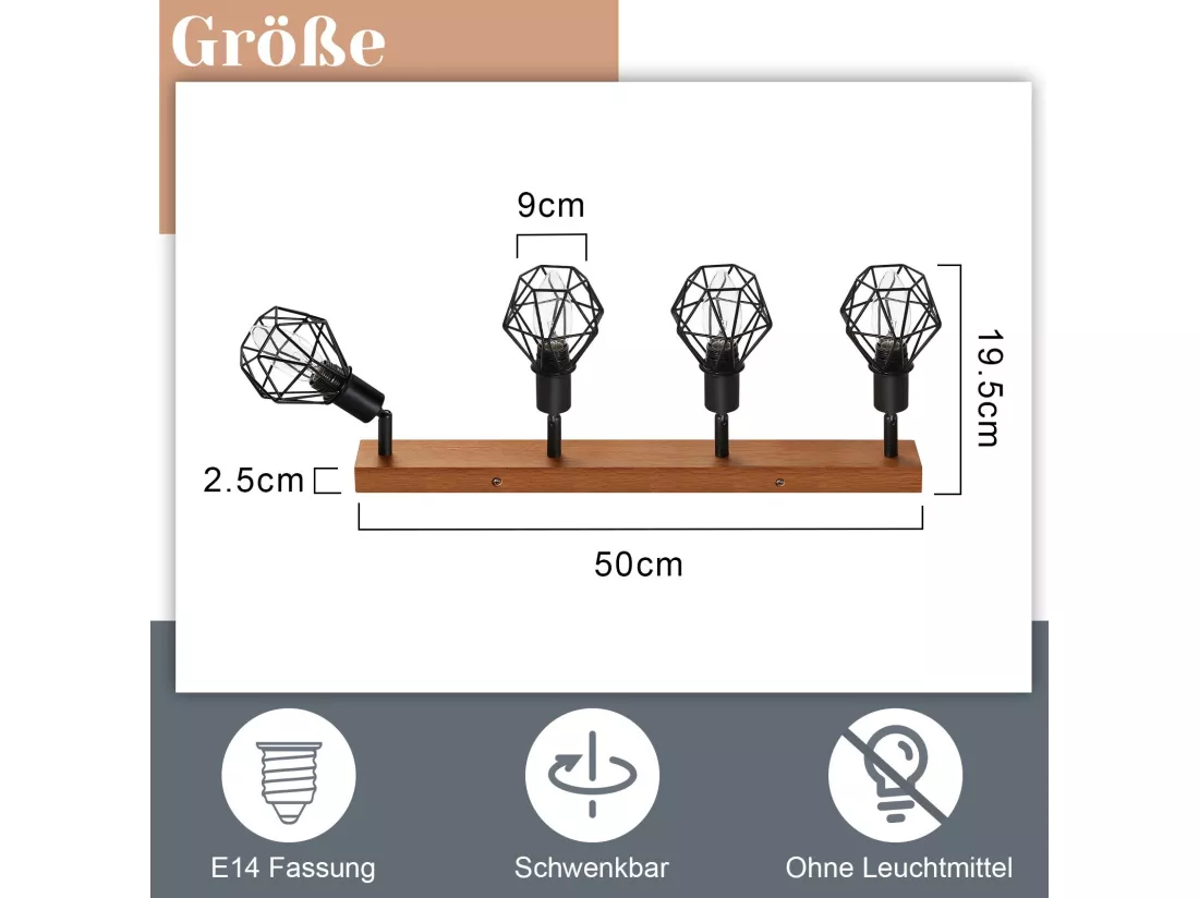 NETTLIFE 4 spots de plafond noir E14 bois vintage métal, plafonnier orientable à 350° pour intérieur chambre salon salle à manger cuisine max 25W