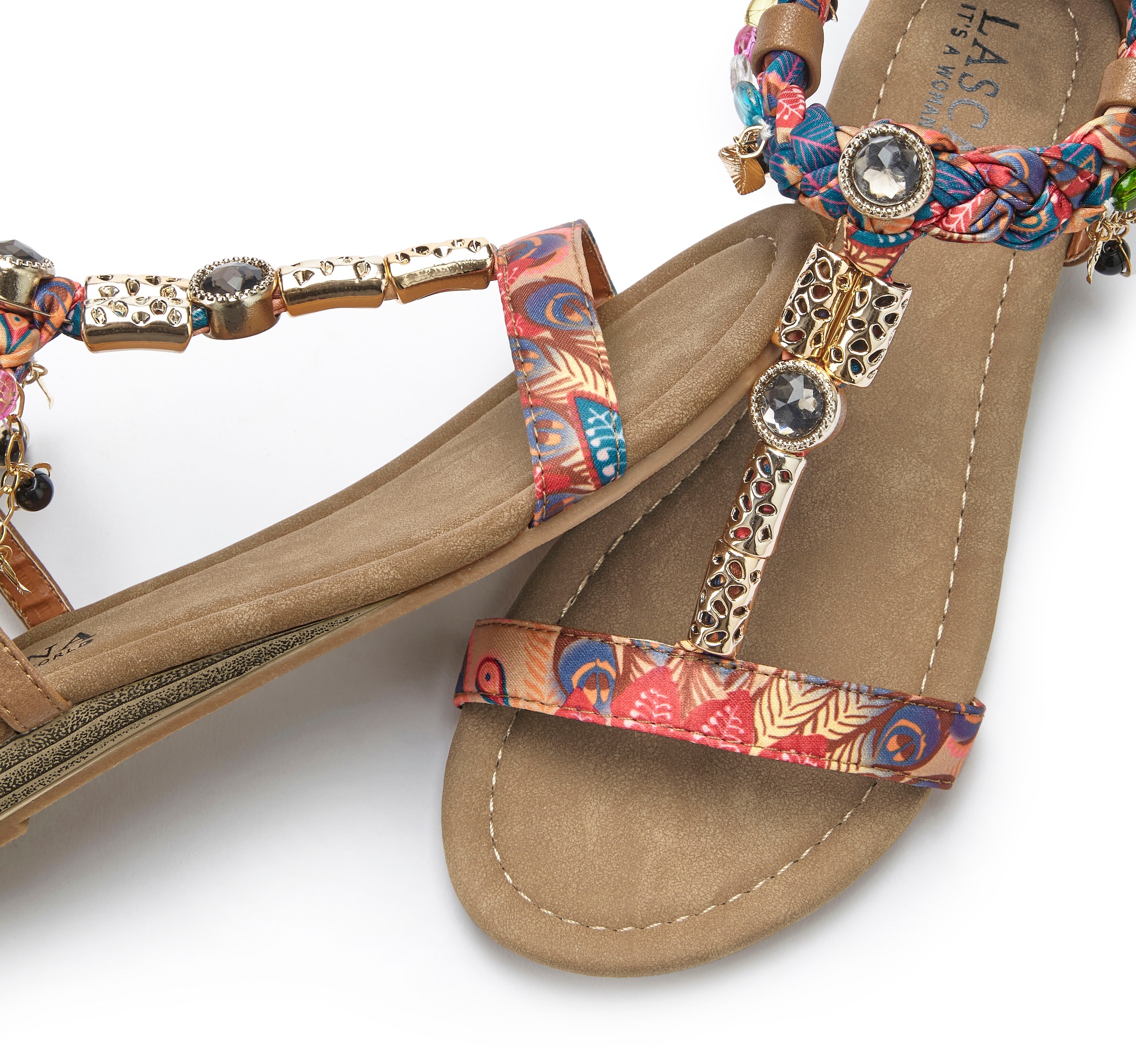 LASCANA Sandale »Sommerschuh, Sandalette,«  mit Schmuckkettchen und Schmucksteinen im Festival-Look VEGAN