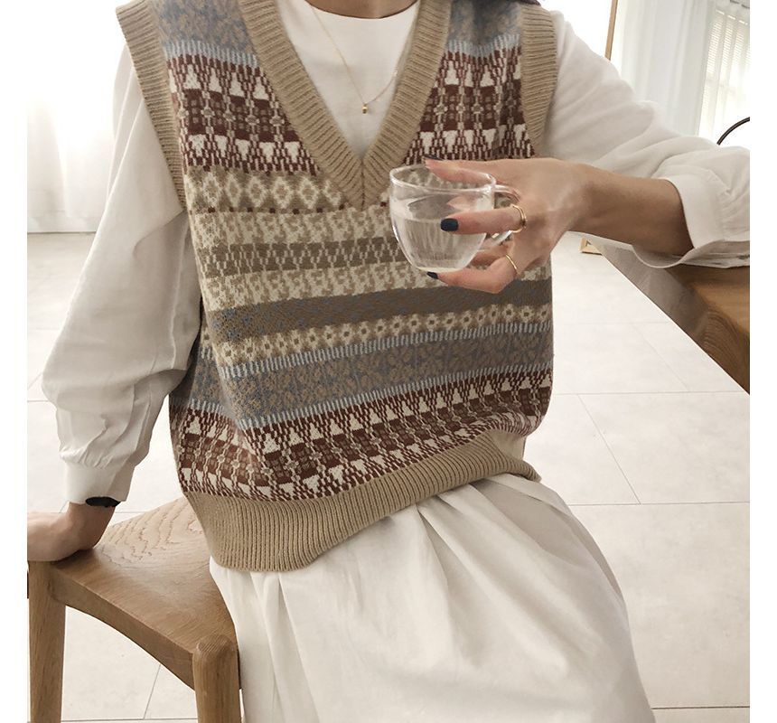 FR - V-hals geometrisch patroon trui vest