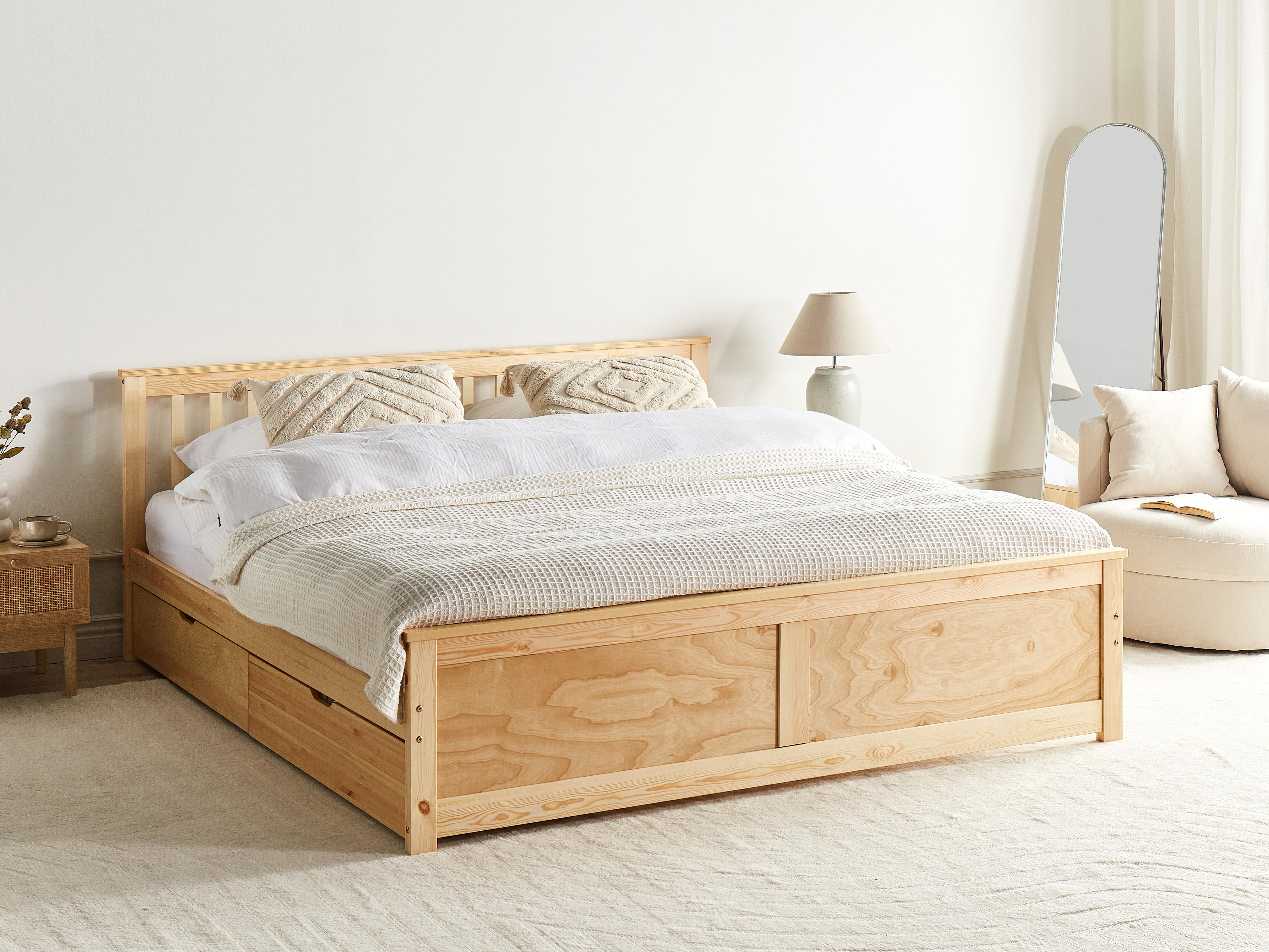 Bed met opbergladen Dennenhout OLENDON 160 x 200 cm Lichtbruin