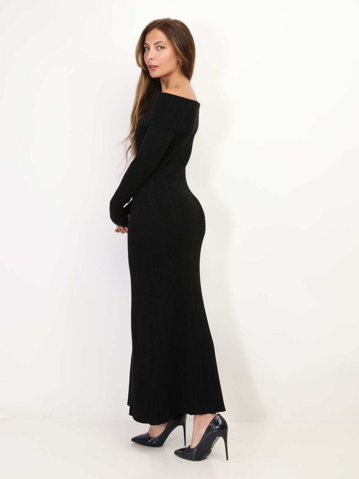 Robe longue en maille à col bardot- Noir