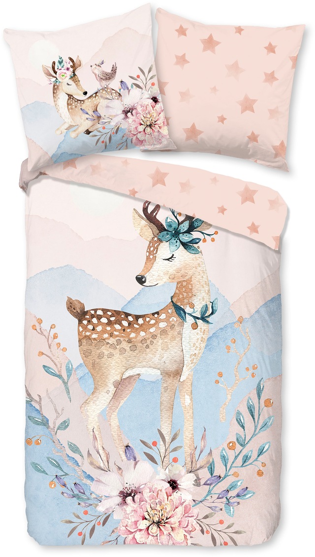 good morning Kinderbettwäsche »Josy« 2 Stk. tlg. Biber, 135x200, Warm, Reissverschluss, Wendeoptik, Mädchen Kind, Hirsch