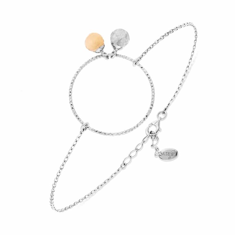 Bracelet Argent Rhodié Cercle Duo De Pierre De Lune Pèche Et Pierre De Lune Blanche