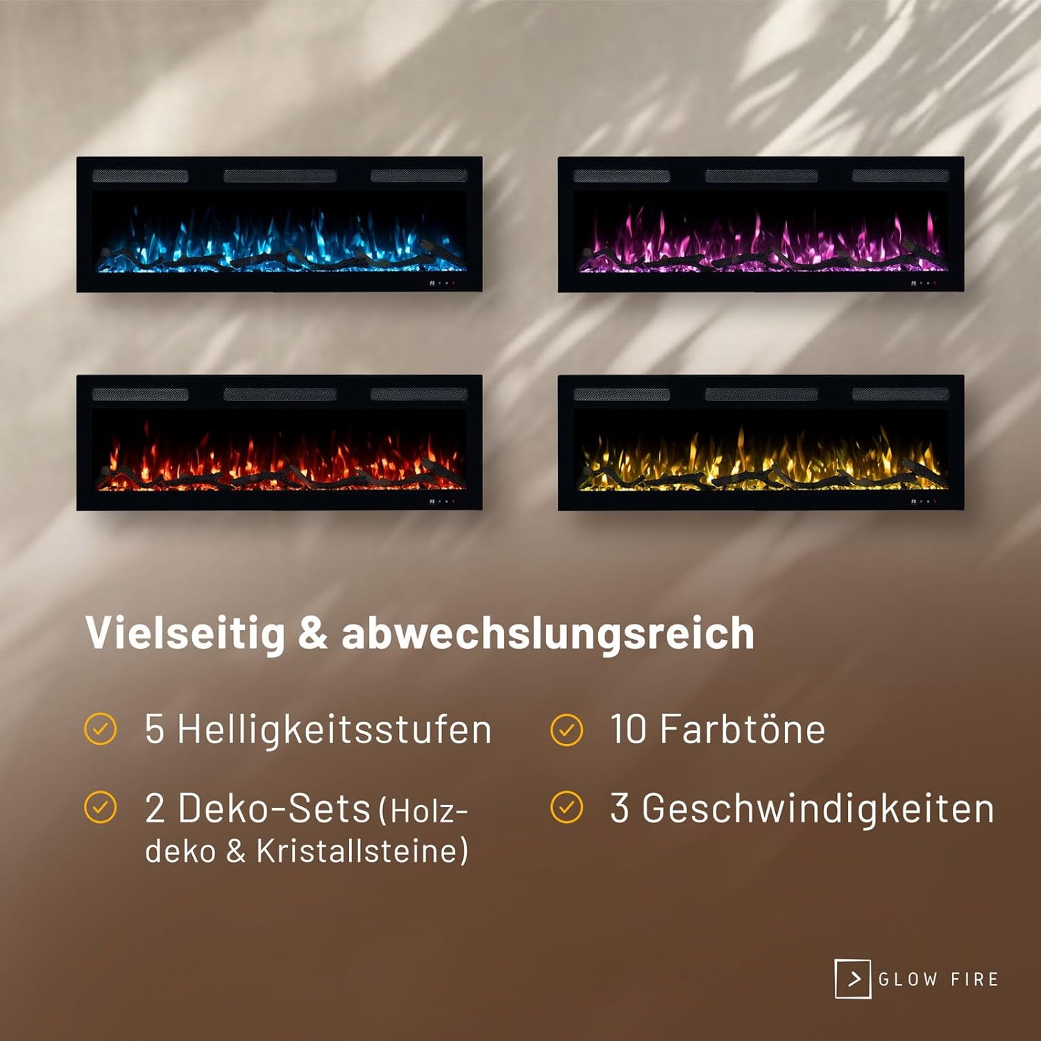 GLOW FIRE Elektrokamin Inside 106 mit realistischem 3D LED-Feuer - Wand-Elektrokamin mit Heizung und Kaminfeuer, App Steuerung, Knistereffekt & Timer, max. 1800 W, 106x35x12cm