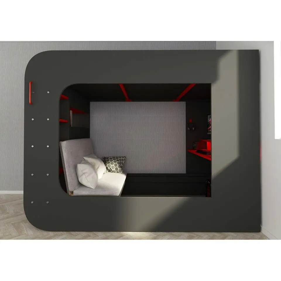 Hoogslaper Graham met gamebureau 120x200cm - antraciet/rood