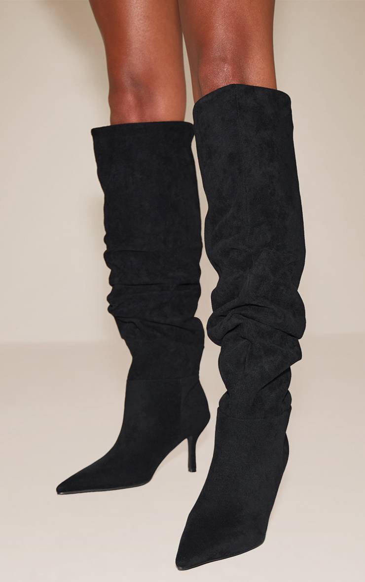 Noir Botte Haute À Talon En Synthétique Plissée Au-dessus Du Genou