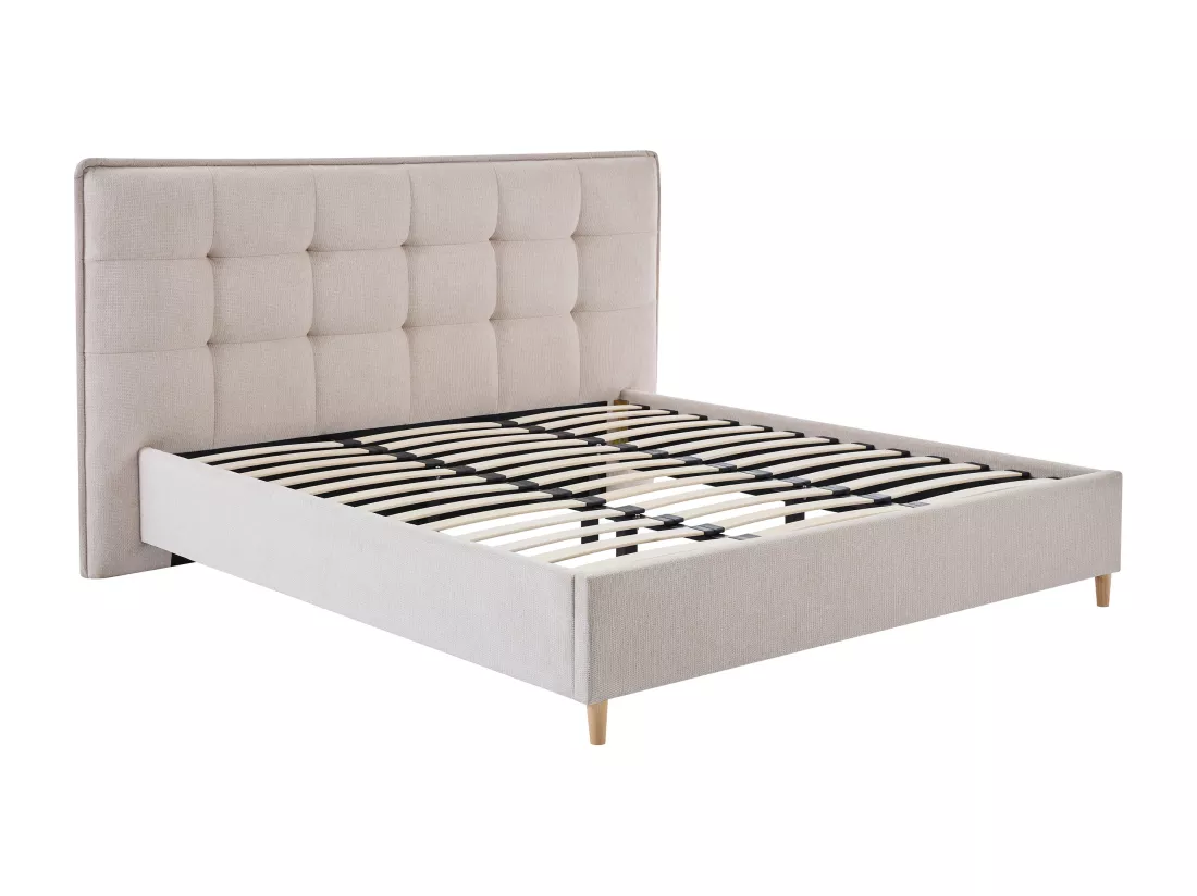 Lit 140 x 190 cm avec tête de lit capitonnée - Tissu - Beige - NIRPIO