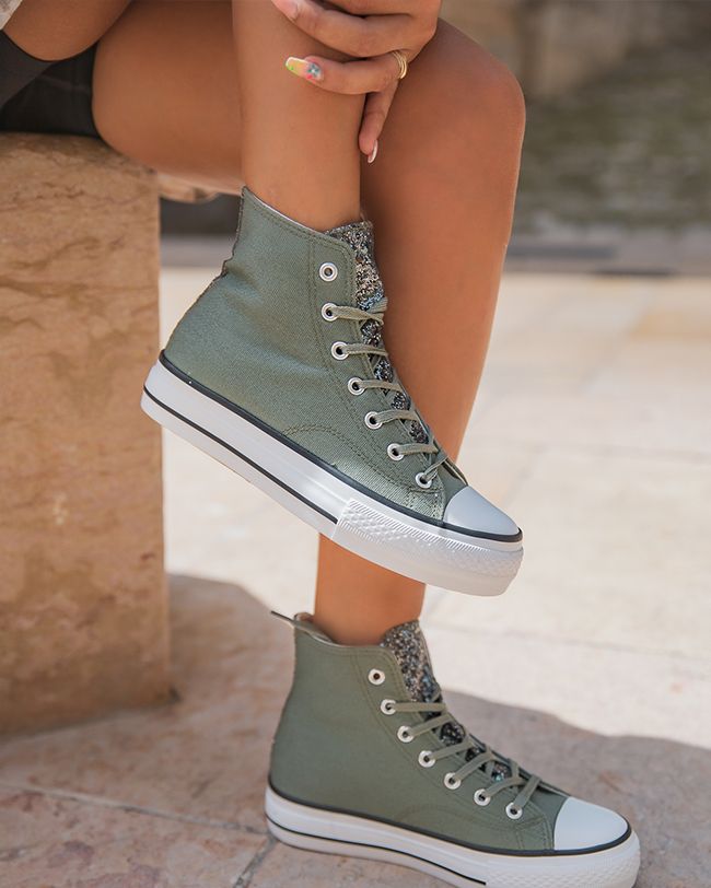 Basket femme montante en toile kaki clair - Théa