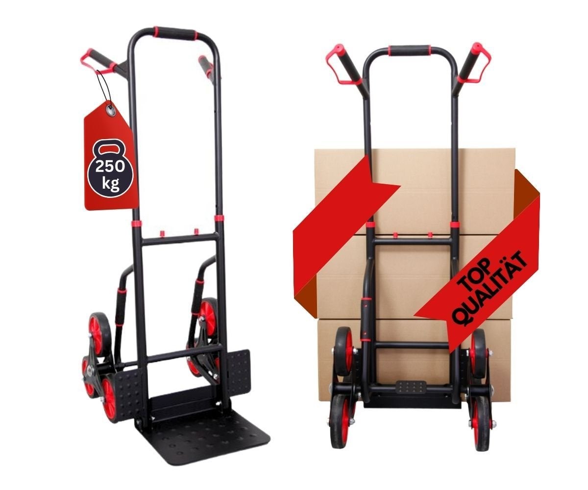 PROREGAL Opvouwbare Professionele Trapklimmer TAURUS 250 HxBxD 115 x 52 x 63 cm Draagvermogen 250 kg Stalen frame Ergonomische handgrepen TPR rubberen wielen Rood-Zwart