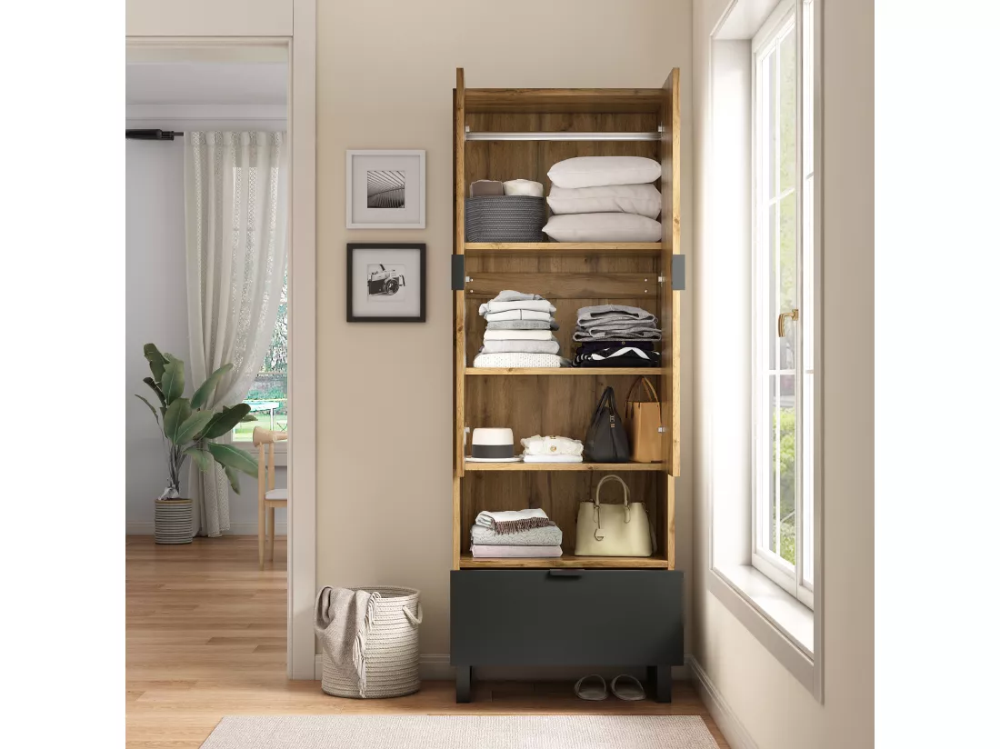 Vestiaire d'entrée avec 2 portes, 1 niche et 1 tiroir - Panneaux de particules - Naturel