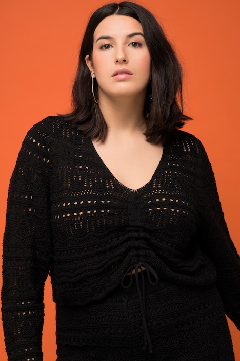 Ajour-Pullover, Loose Fit, Raffband, Wellensaum, Langarm