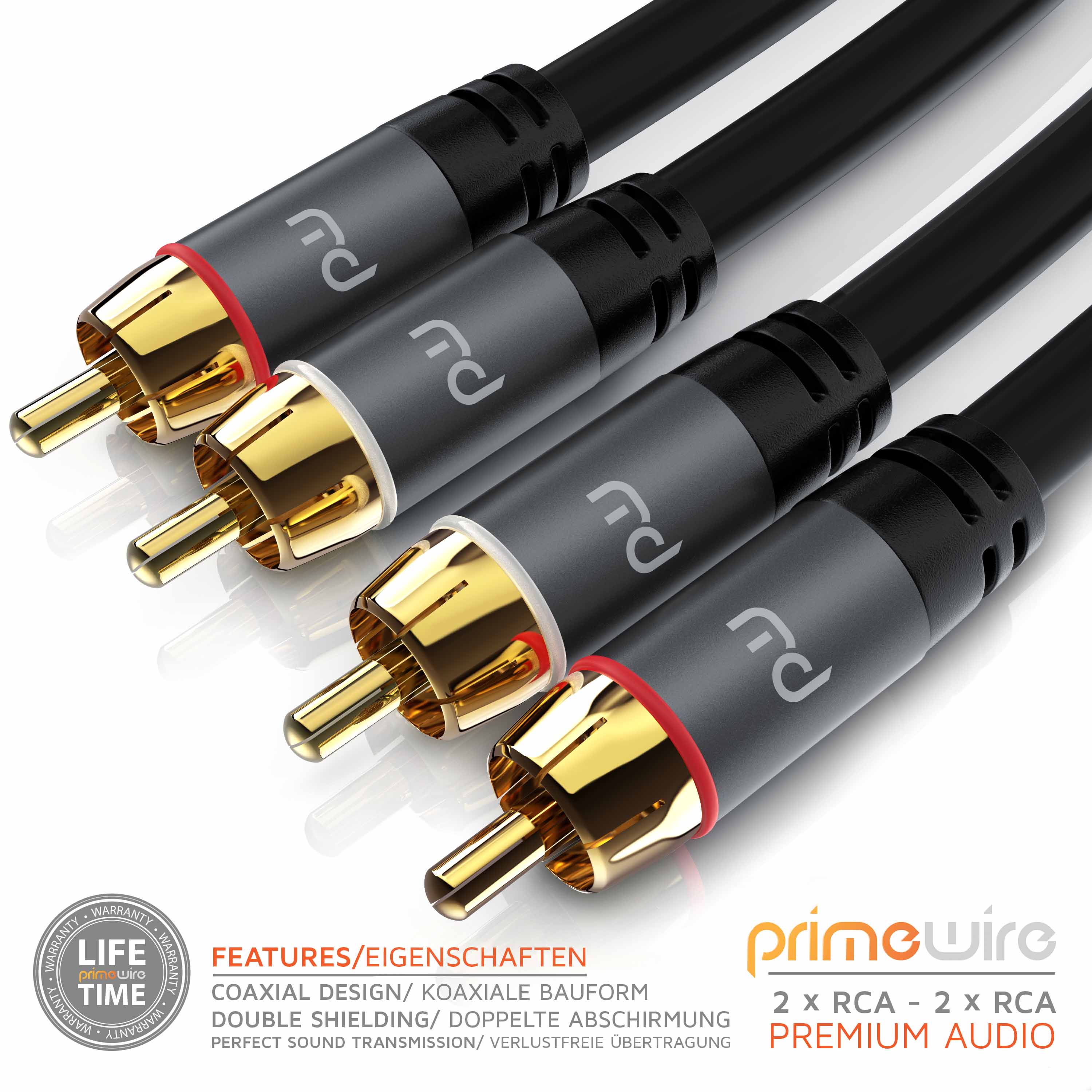 Primewire Stereo Cinch Audio-Kabel, RCA, mehrfach geschirmtes HiFi Audiokabel, 2X Cinch zu 2X Cinch - 0,5m