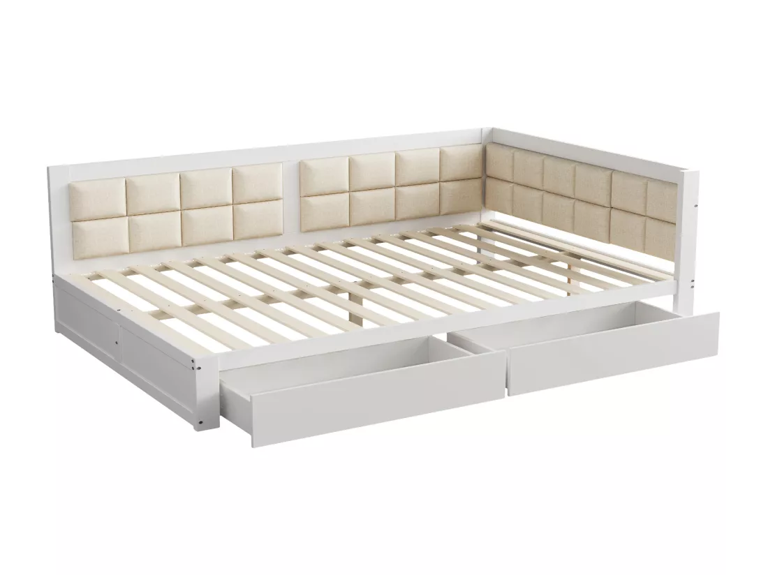 Lit banquette rembourré 140x200cm - avec 2 tiroirs et sommier à lattes - Blanc