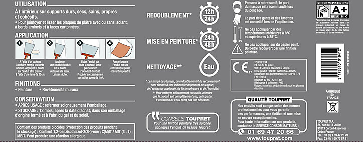 Enduit de lissage pour bande à joint 2 en 1 en pâte Toupret 15kg