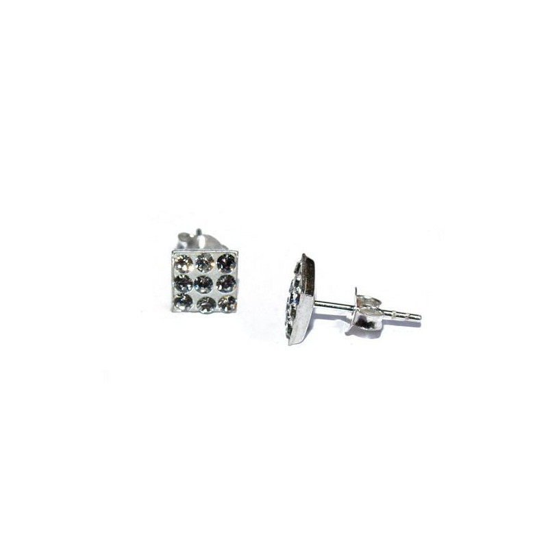 Boucles d'oreilles strass blanc et argent, forme carrée