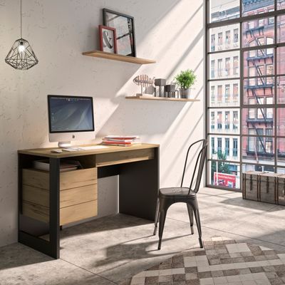 Bureau droit RUSSEL - 119 cm - 1 porte - Chêne helvezia et uni noir