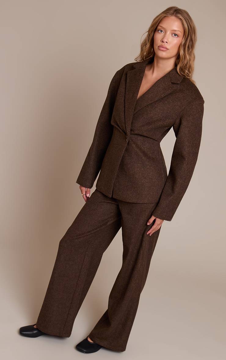 Marron Foncé Blazer Coordonné À Rayures Brossées Et Taille Cintrée