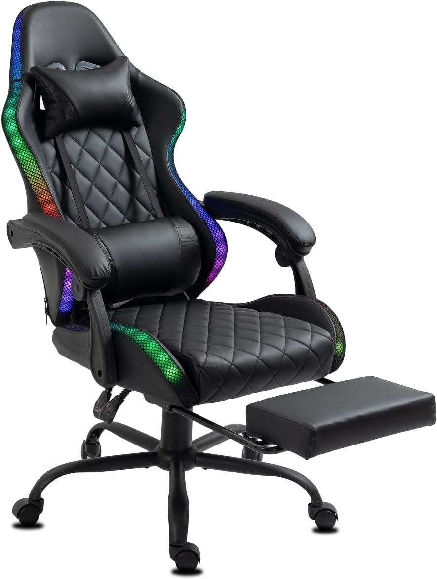 Delman Gaming-Stuhl Bürostuhl Gaming Stuhl mit LED, RGB Beleuchtung, Drehstuhl, Dicke Polsterung, Metallfußkreuz, Fußstütze 02-0055 (Schwarz)