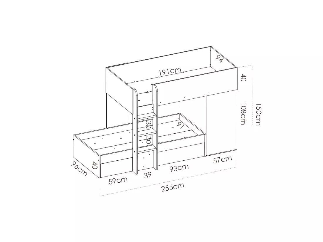Lits superposés d'angle réversibles RICARDO - 2 x 90 x 190 cm - Rangements intégrés - Chêne et anthracite + matelas